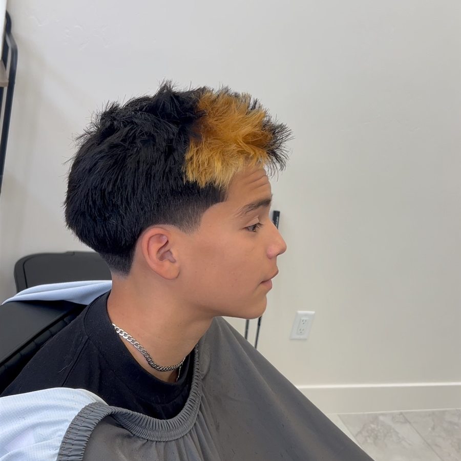 Two-tone haircut with orange highlight and dark sides